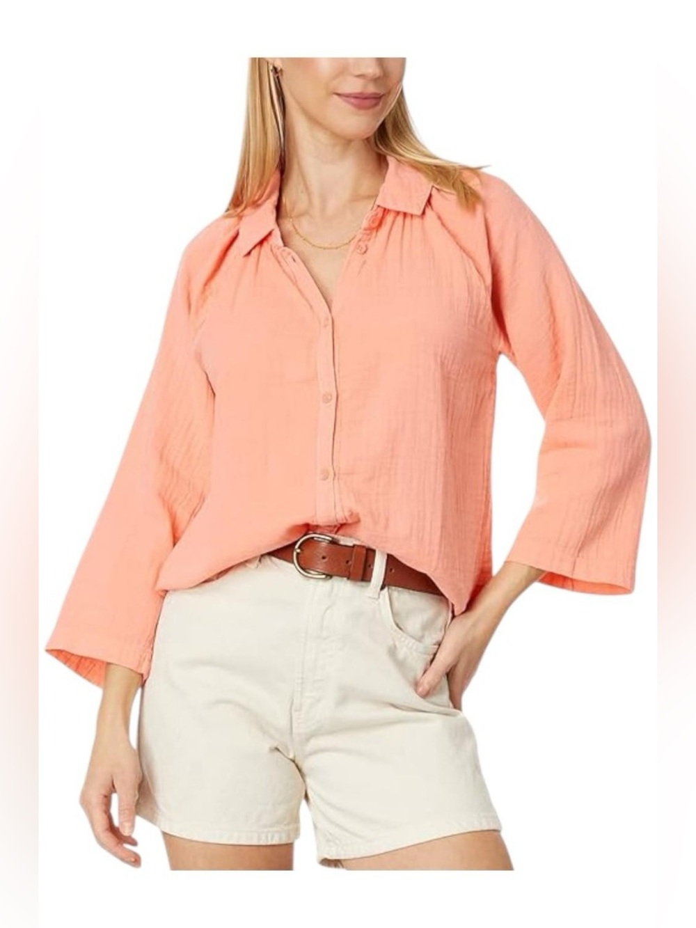 Sundance ModoDoc Gauze 3/4 Sleeve‎ Easy-Fit Button-Up Blouse Orange Size Small